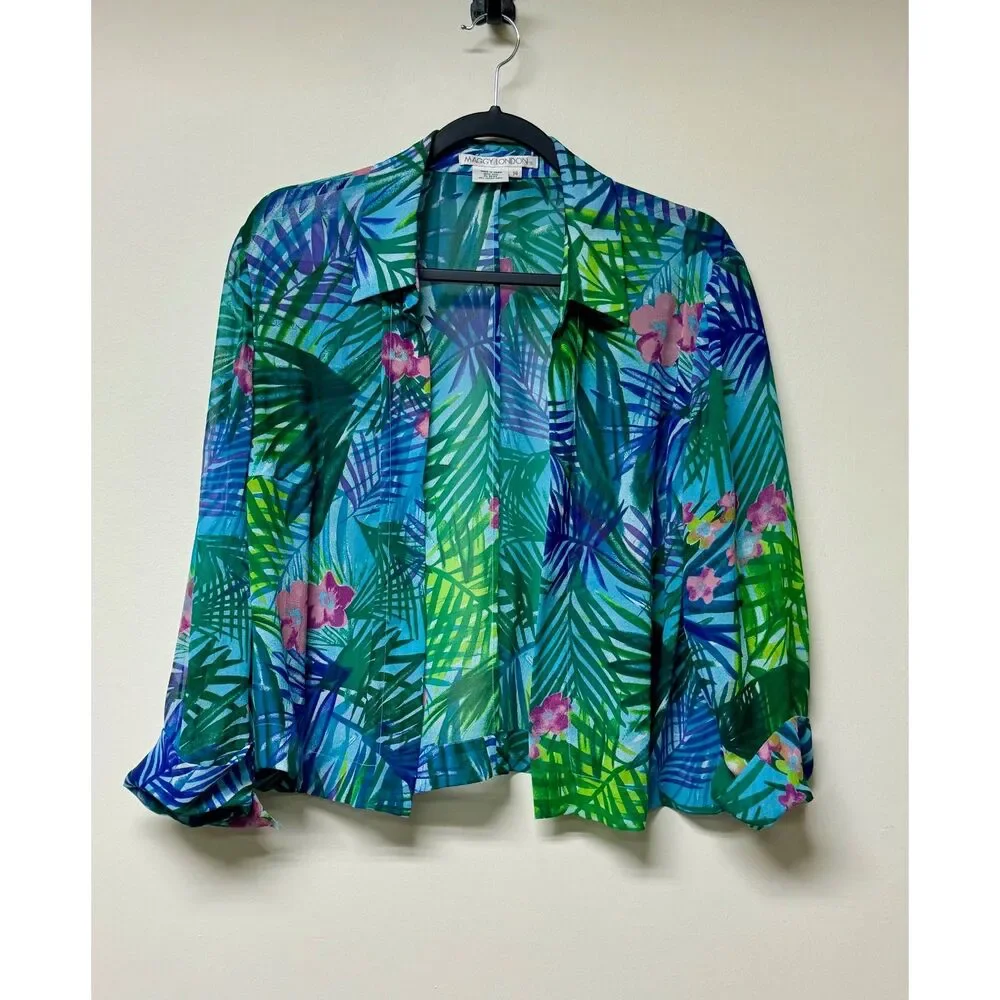 VINTAGE - MAGGY LONDON Two-Piece 100% Silk Tropical Print Midi Dress, Sz 14